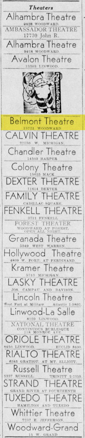 Belmont Theatre - 1933 Theater Listing Showing Correct Address